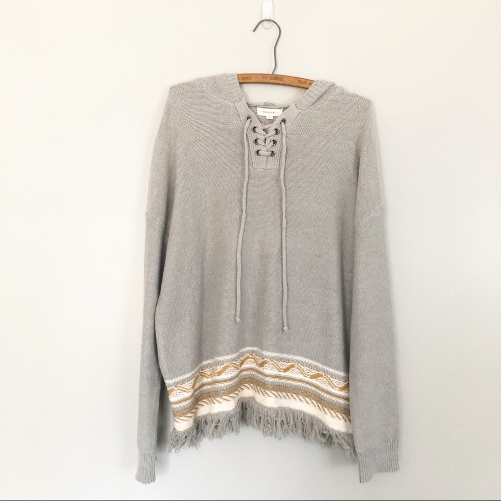 Crescent Fringe Hooded Lace Up Boho Aztec Sweater